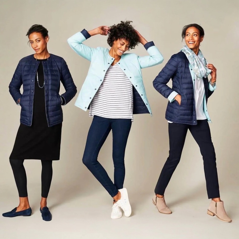 J. Jill Reversible Quilted Down Jacket Blue Green Snap L Travel Transitional